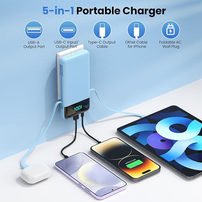 Portable Charger for iPhone with Built in Cables and Wall Plug,Upgraded 13800mAh Fast Charging USB C Power Bank,4 Outputs Travel Essential Battery Pack Compatible with iPhone 17/16/15/14,-Light Blue - Image 2