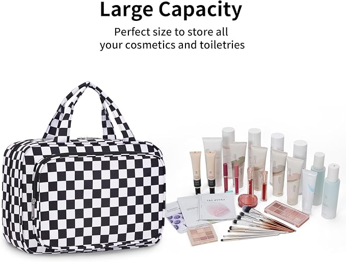 Narwey Travel Toiletry Bag for Women Large Hanging Makeup Bag Organizer Toiletries Bag for Full Size Essentials Accessories Cosmetics (Black Checkerboard (Large)) - Image 6