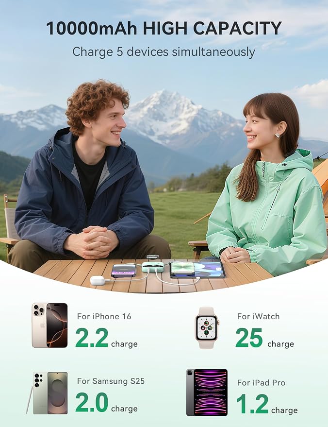 citicr Portable Charger 10000mAh w/Built-in Cables & iWatch Charger Green | Fast charging, Built-in cables, LED display, Charge 5 devices at once, Ring buckle, TSA approved, Pocket size, Charge iWatch - Image 5