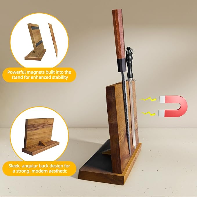 Magnetic Knife Block, Teak Wood Utensils Holder, Strong Magnet Stand for Kitchen Counter (10.8 x 8 Inches, Without Knives) - Image 3