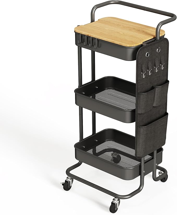 DTK 3 Tier Metal Utility Rolling Cart with Table Top and Side Bags, Tray Storage Organizer Wheels, Art Craft 4 Hooks for Kitchen Bathroom Office Living Room (Black) by DTK