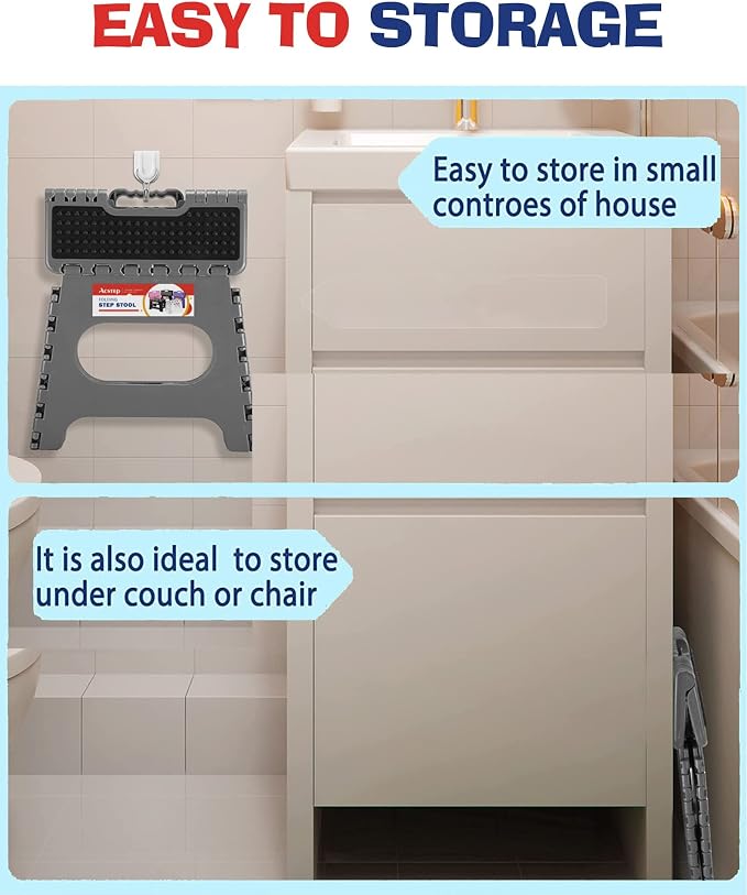 Folding Step Stool 9 inch Height Non-Slip Plastic Step Stools for Kids and Adults, Kitchen Collapsible Fold Up Small Stepping Stool Grey,1 Pack | Portable Foldable Stools, Heavy Duty Collapsible Foot Stool, Holds 300 lb for Adults Kitchen Bathroom Outd... - Image 8