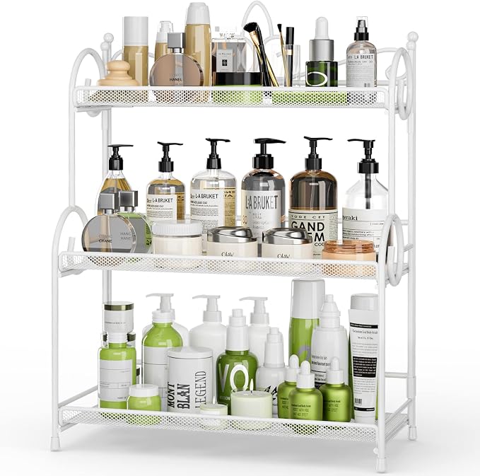 EKNITEY 3-Tier Bathroom Organizer - Sink Organizer Spice Rack(No Assembly) | for Bathroom Kitchen Bedroom Countertop Storage, Sturdy Metal Frame, Easy to Clean, Space-saving, Foldable, White by EKNITEY