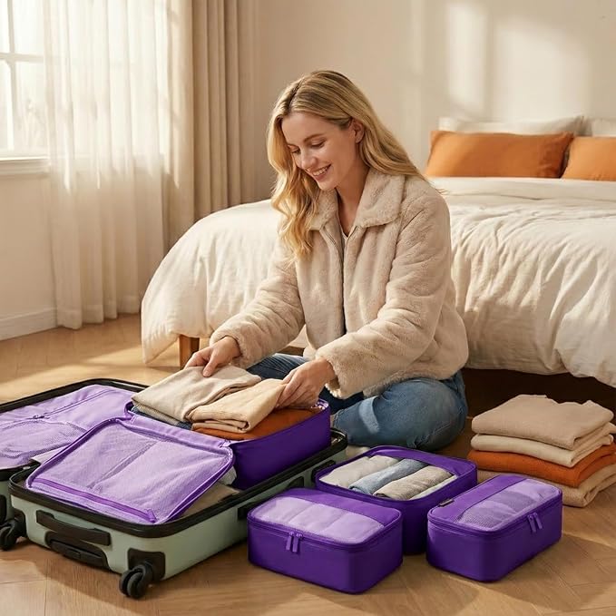 4 Piece Compression Packing Cubes for 3–7 Day Travel, Space Saving Travel Organizers with Breathable Mesh, Double-Zipper Packing Cubes for Carry-On & Suitcases (Lavender) - Image 6