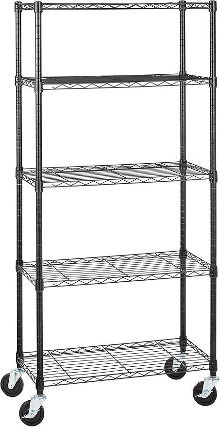 Amazon Basics 5-Shelf Heavy Duty Garage Shelving Storage Rack with 4" Wheel Casters, Adjustable Metal Wire Organizer, 300 lbs Per Shelf, 30" x 14" x 64.75", Black by AmazonBasics