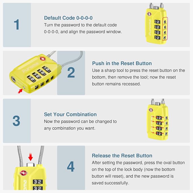 Puroma 2 Pack TSA Approved Luggage Locks 4 Digit Code Cable Lock Yellow | Resettable, Flexible Cable, Zipper holes, Zinc Alloy, Bright Color, Large White Numbers, Suitcase Train Travel, laptop bag - Image 6