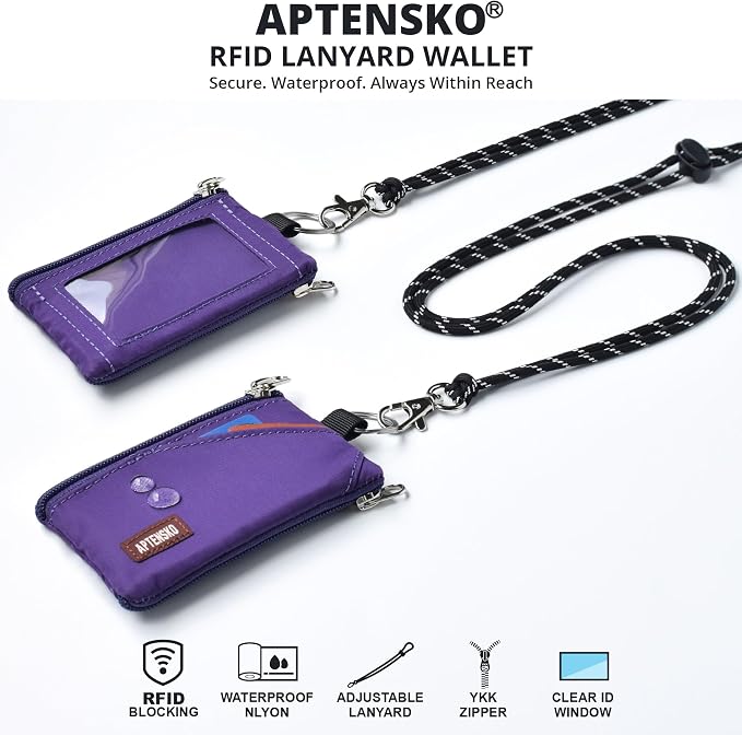 RFID Blocking Travel Wallet with Adjustable Lanyard, Small Nylon Zipper Pouch and Badge Holder for ID, Credit Cards, Cash, Keys, Commuters (Deep Purple) - Image 2
