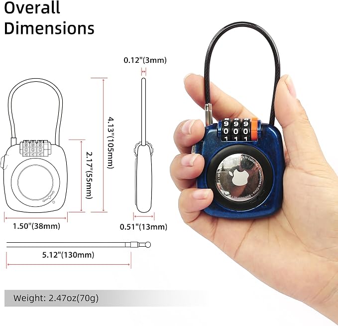 AirTag Holder Lock for Luggage, Compatible with Apple Tracker Tags, Combination Cable Lock Air Tag Holder for Suitcase Travel Tracking, Kids Backpack, Car Key FOB, GPS Tracker Finder Case - Image 2