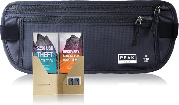 Peak Gear Travel Money Belt. Premium Quality Travel Wallet with RFID Blocking Fabric to Protect Credit Cards, Passports and Documents. Exclusive Theft Protection and 2 Recovery Tags | Black by Peak+Gear