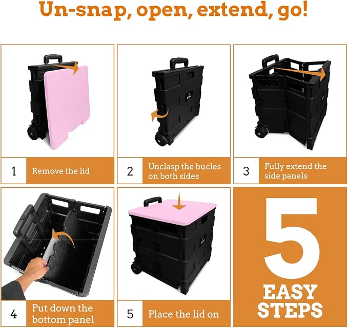 Inspired Living Collapsible Ultra-Slim Pack-N-Roll,2 Wheel Utility Cart w/Lid Used as Seat up to 250 Lbs, Telescopic Handle, Super Strong, for Home,Garden,Shopping,Office,School, Large, Pink & Black - Image 9