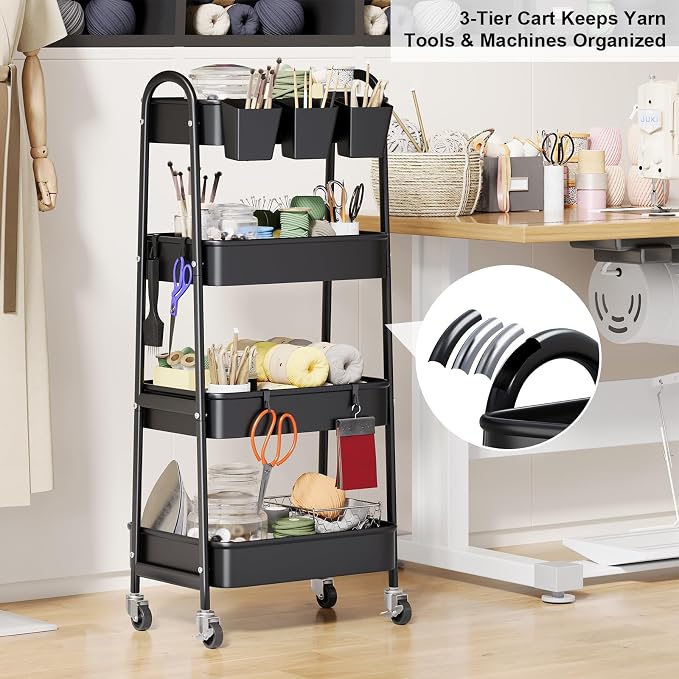 Black 4 Tier Rolling Cart Metal with Lockable Wheels, Four Tiered,38in Tall | Storage Rolling Cart on Wheels, Heavy Duty Utility Organizer Carts for Laundry, Kitchen, Dorm, Craft, Art, Snack, Mesh Basket - Image 4