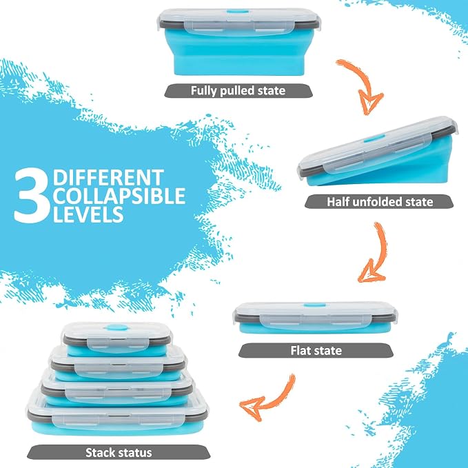 Collapsible Silicone Food Storage Containers Set with Lid & Air Vent, Foldable Lunch Containers, 8 Pack (4 Rectangular + 4 Round Bowls), BPA-Free, Space-Saving - Image 3