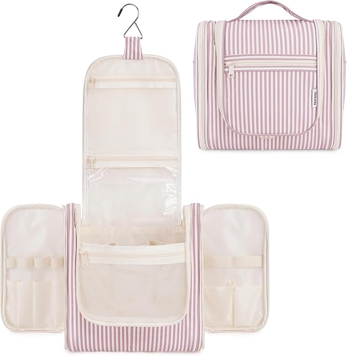 Narwey Striped Hanging Travel Toiletry Bag for Women, Travel Bag for Toiletries, Makeup Bag Organizer Cosmetic Bags Make Up Bags for Women (Dusty Rose Stripe) by Narwey