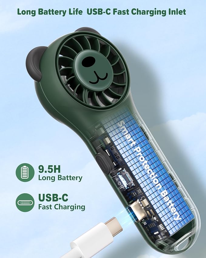 Portable Handheld Fan, Cute Bear Mini Fan with 11000 RPM High Speed, Rechargeable Personal Fan with 4 Speeds, Pocket Small Fan for Travel, Makeup, Lash, Gifts for Women Girl - Olive Green - Image 4