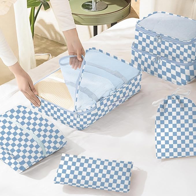 8 Set Packing Cubes for Travel, Luggage Packing Organizers Accessories Large Toiletries Bag for Clothes Shoes Cosmetics (Blue Checkered) - Image 6
