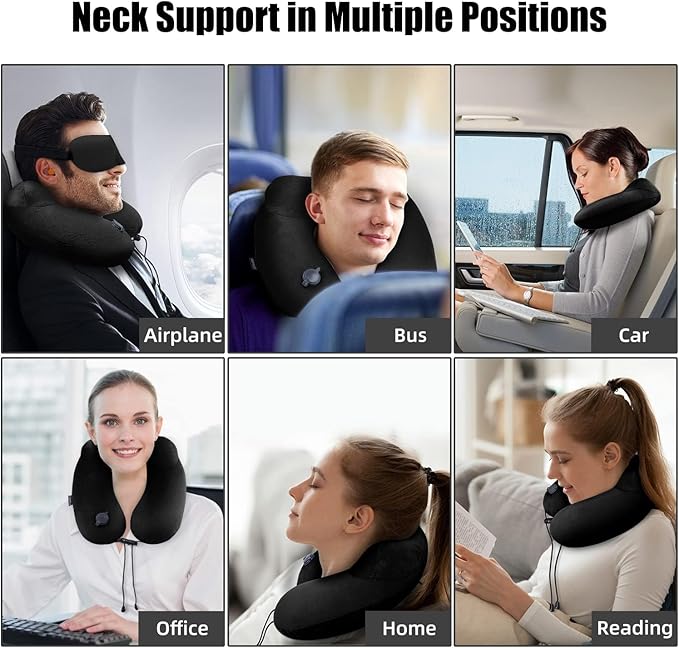 Inflatable Travel Neck Pillow for Airplanes, Super Soft Velvet Neck Support, Adjustable Firmness, Blow Up Plane Pillow for Long Flights, Road Trips, Travel Essentials with Eye Mask, Earplug - Image 6