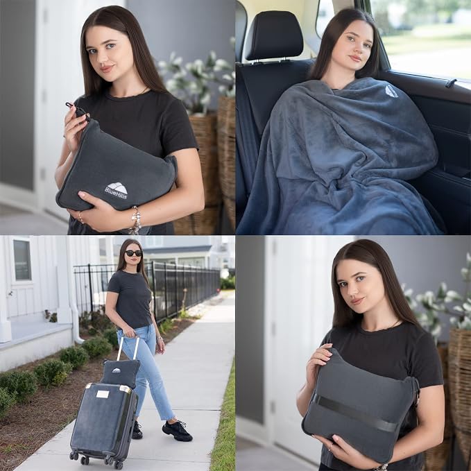 BlueHills Travel Blanket Pillows for Two Airplane Traveling Essentials Flight Throws in Bag case with Backpack Clip Compact Large Plane Accessories – Gray and Teal Green - Image 2