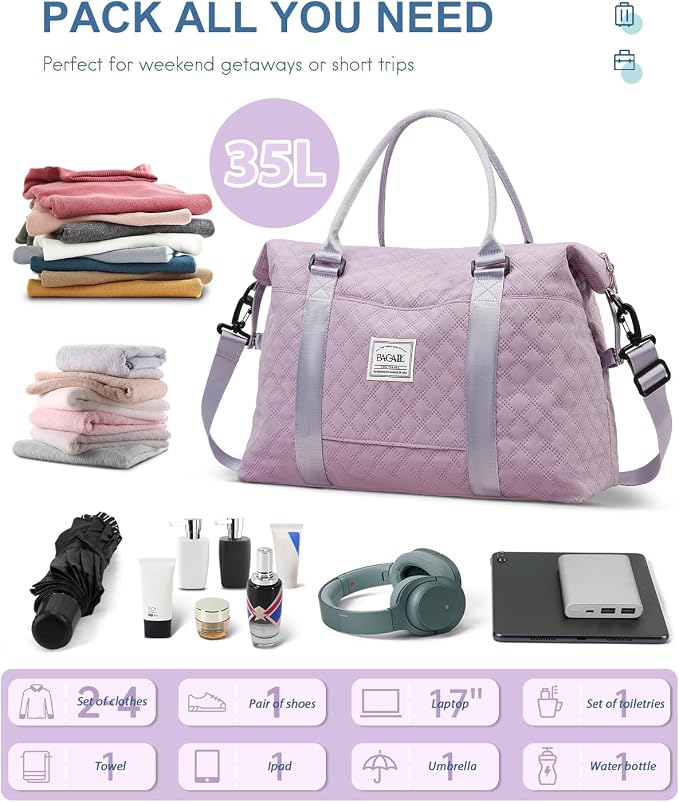 BAGAIL Travel Duffel Bag, Weekender Bags for Women, Overnight Gym Carry On Tote Bag with Wet Pocket, Hospital Mom Bag for Labor and Delivery - Grid-Purple - Image 2