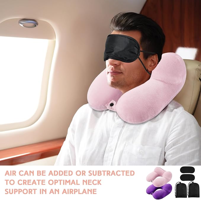 Sintuff 2 Pack Inflatable Travel Pillow for Airplanes Inflatable Neck Flight Pillows with Compact Bag and Blindfold for Traveling, Airplane, Train, Car, Office(Light Pink and Violet) - Image 6