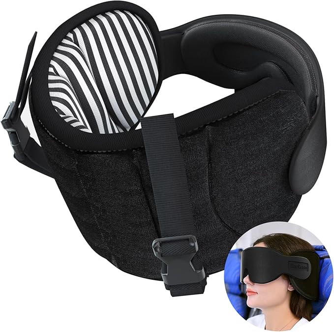 SARISUN Travel Pillows for Airplanes, Stable Head Support, Travel Essential | Airplane Pillow with Eye Mask, Seat Strap Secures to Headrest, for Stop Bobblehead, for Long Flight Road Trip, Stripe Black by SARISUN