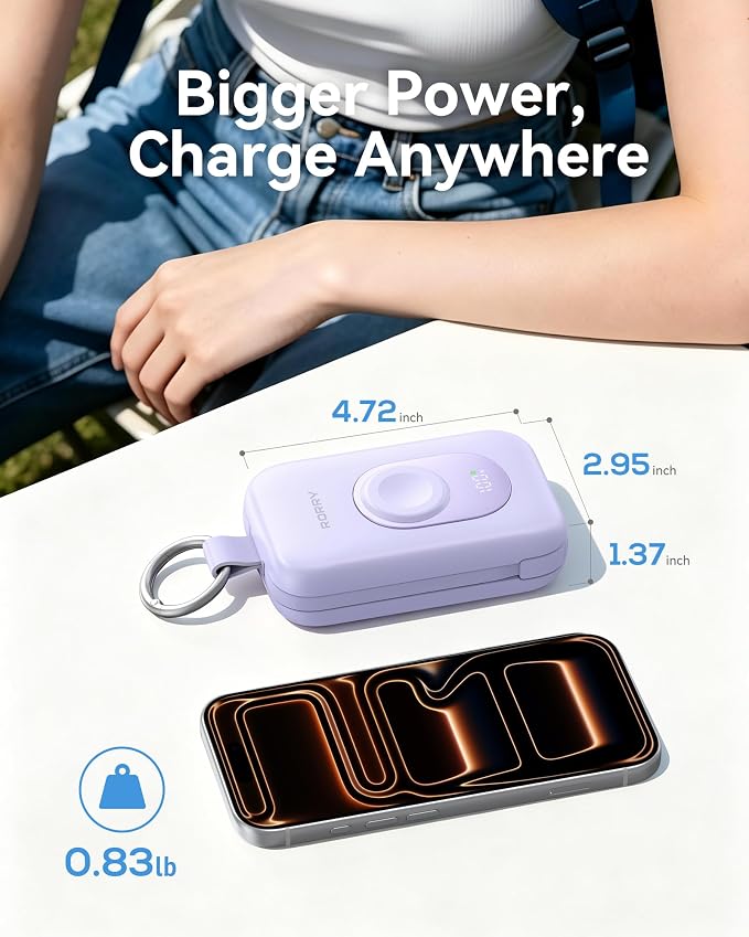 RORRY CharmGo Portable Charger, 20000mAh PD 30W Portable Charger Power Bank | Built-in Cables, Fast Charging Keychain Portable Battery Pack, Travel Essentials for iPhone, Apple Watch, iPad - Image 6