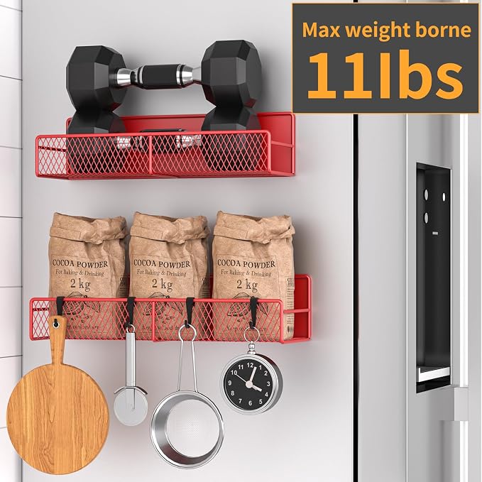 Magnetic Spice Rack for Refrigerator, 2 Pack 100% Metal Strong Magnet Shelf, Space Saving Spice Organizer W/ Hooks, Movable Magnetic Fridge Shelf, Kitchen Home Laundry Room Storage Organization, Red - Image 4