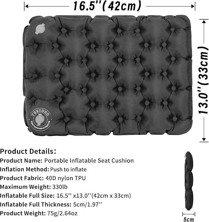 Inflatable Seat Cushion, Lightweight Camping Air Sitting Pad, Waterproof Air Seat Cushion, Portable Push-Press Seat Cushion for Airplane Travel Hiking Office Stadium Seat（Black） - Image 2