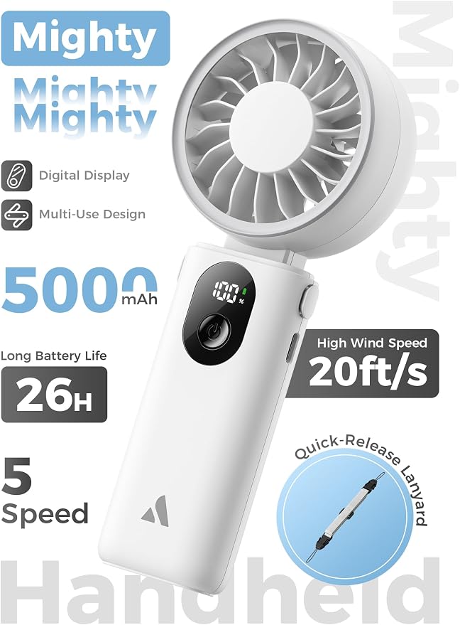 Aecooly Mighty Portable Handheld Fan | 26H Max Cooling | 3 Flexible Modes | 5 Speeds Wind | Battery Level Display | USB Rechargeable Mini Personal Battery Powered, Gifts for Women, Travel -White - Image 2