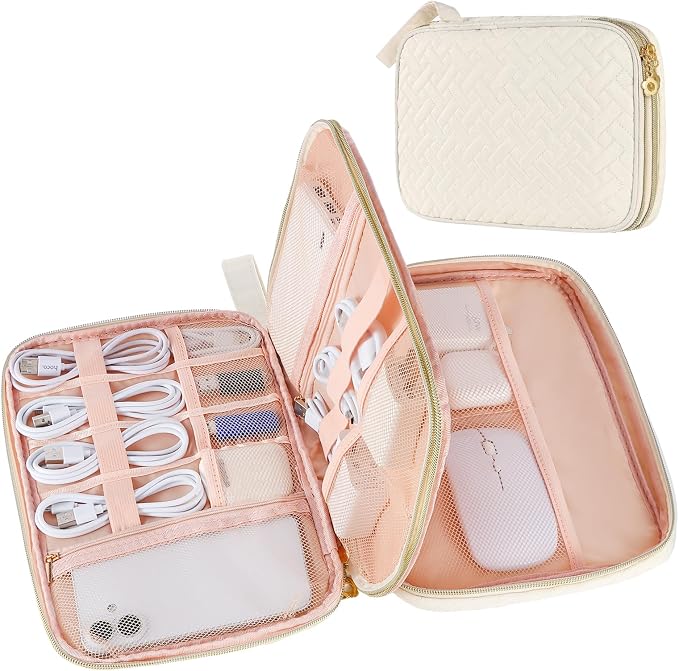 Electronics Organizer Travel Case, Charger Bag Cord Organizer Travel, All-in-One Cable Organizer Bag for Charger, Cords, Phone, Headphones, Flash Drive, SD Card (Beige, Large-Double Layer) by ZFZGFRCS
