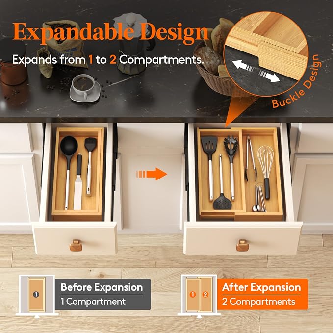Lifewit Bamboo Utensil Organizer for Kitchen Drawer, Cooking Utensil Tray | Expandable Cutlery Silverware Flatware Holder, Wood Adjustable Spatula Tools Storage Divider, 7-12 x 15.75", Natural - Image 5