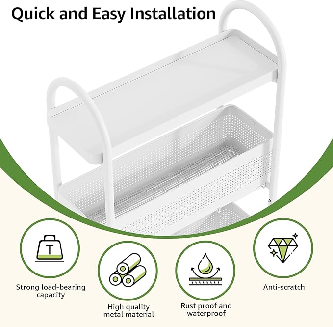 KINGRACK 4 Tier Slim Rolling Cart with Drawer, Metal Utility Storage Cart | 2 Pull-out Baskets, Lockable Wheels, Narrow Space Trolley Organizer for Bathroom, Kitchen, Office, Dorm, Laundry Room, White - Image 5