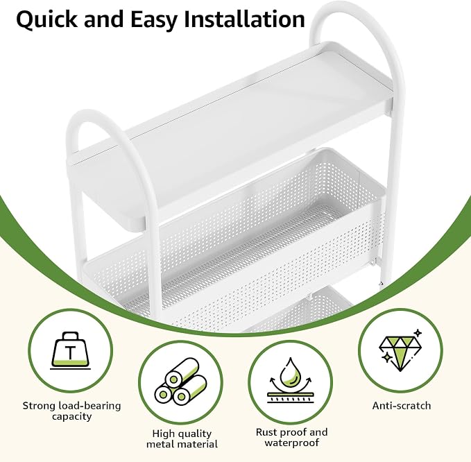 KINGRACK 4 Tier Slim Rolling Cart with Drawer, Metal Utility Storage Cart | 3 Pull-out Baskets, Lockable Wheels, Narrow Space Trolley Organizer for Bathroom, Kitchen, Office, Dorm, Laundry Room, White - Image 7