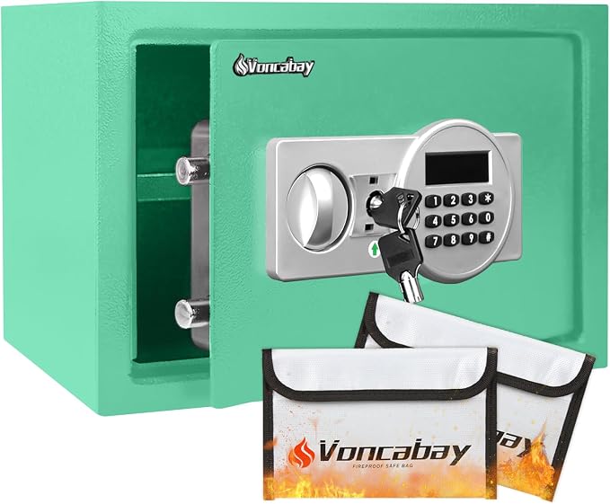 Voncabay Money Safe Box for Home with Digital Keypad, 0.8 Cu. Ft., Green | Alloy Steel, 2 Fireproof Bags, Digital Keypad with Display, Removable Shelf, Fits A4, 13.8 x 9.85 x 9.85 In. by Voncabay