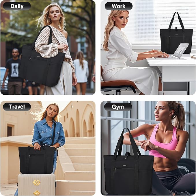 Voova Large Canvas Tote Bag for Women with Shoulder Strap, Black | 13-inch laptop compartment and multiple pockets in a roomy crossbody tote for work, travel, school or shopping - Image 7