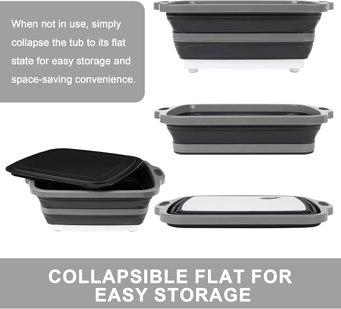 Collapsible Cutting Board with Container, Foldable Camping Sink with Colander, BBQ Prep Tub with Lid, Multifunction Dish Basin for Kitchen, Bowl, Vegetable and Fruit, 2.11 Gal/8L Storage Basket - Image 3