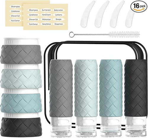 16 Pack Travel Bottles for Toiletries, TSA Approved Travel Size Toiletries Containers Set, BPA-Free Silicone Leak Proof Refillable Bottles Stackable Creams Jars Accessories Kit W/Clear Bag(Gray) by Silevoler