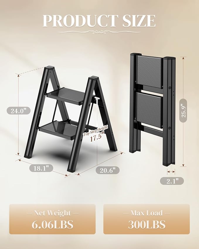 2 Step Ladder, Foldable Aluminum Step Stool with Anti-Slip Pedal | Lightweight yet Sturdy, Portable, Non Slip Feet, 300Lbs Capacity, Elegant Look, for Kitchen, Closet, Pantry, Black - Image 2