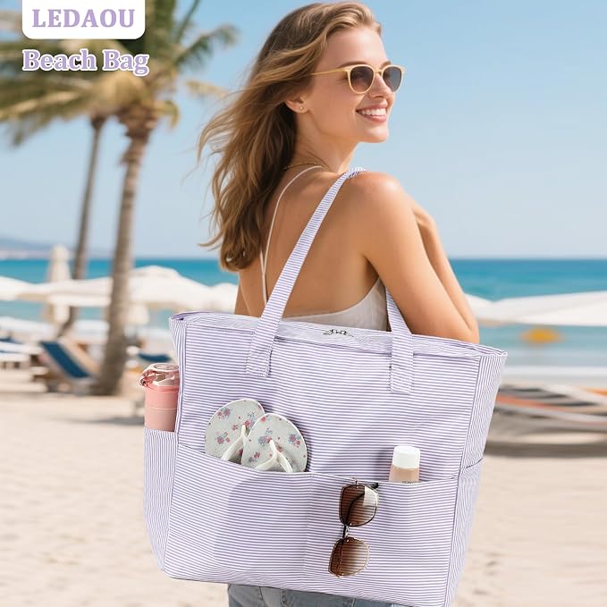 LEDAOU Beach Bag Waterproof Sandproof Women Beach Tote Pool Bag with Zipper for Swim Gym Grocery Travel with Wet Pocket | Sandproof - Image 2