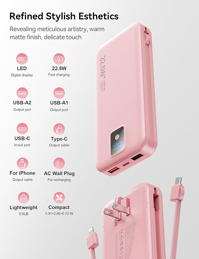 Portable Charger 12000mAh 22.5W w/Built-in Cable & Wall Plug Pink | 22.5W fast charging, LED display, Charging 5 devices at once, Pass through charging, TSA approved, Compatible with iPhone - Image 6