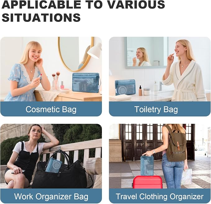 NOL 3-Pack Mesh Travel Toiletry Bags - Clear Zipper Travel Organizer, Airport Carry-On Compliant Reusable Cosmetic Makeup Bag for Women & Men (Dusty blue) - Image 4
