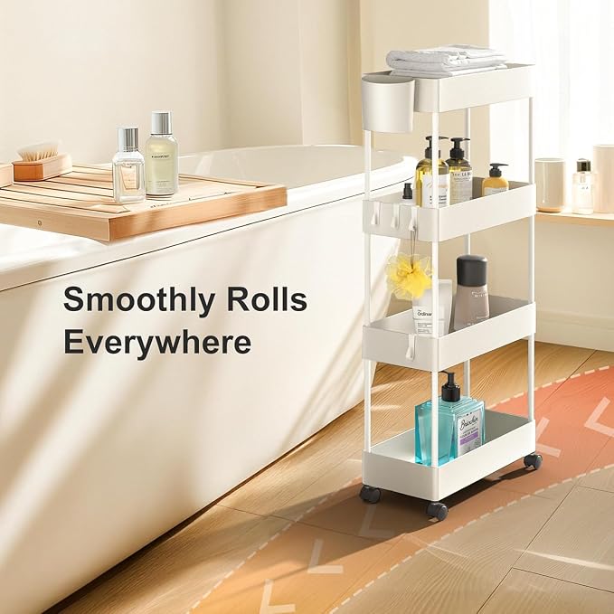 Pipishell 4 Tier Slim Storage Cart with Wheels, Laundry Cart, White | 7.1 inch Wide - Fits Narrow Spaces, Storage Cup and 6 Hooks, Ventilation Holes, Durable ABS Material, Detachable Wheels - Image 6