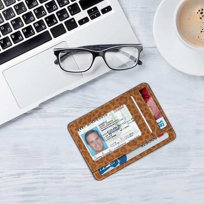 FINTIE Slim Front Pocket Wallet, RFID Blocking Credit Card Holder | Minimalist Card Cases with ID Window for Men Women, leopard print - Image 7