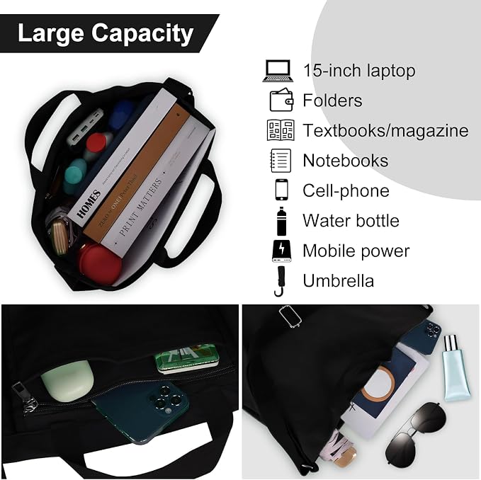 Women's Canvas Tote Bag inside Out Bag with Adjustable Crossbody Strap for Work Travel Shopping Durable Handbag for Men - Image 4