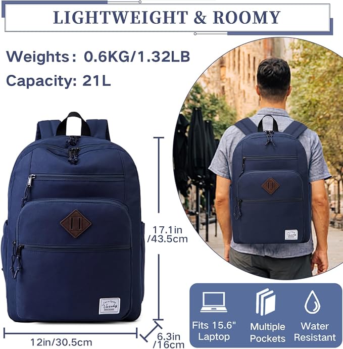 VASCHY School Backpack for Men, Unisex Large Bookbag Schoolbag Casual Daypack for High School/College/Teens/Travel/Work Blue - Image 3