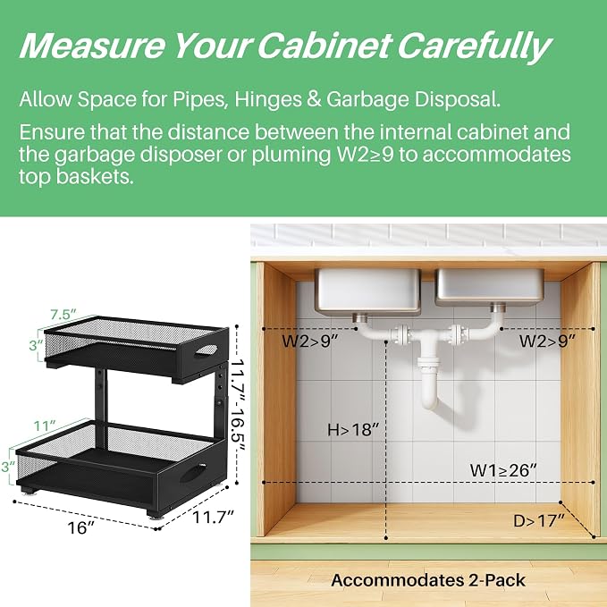 Under Sink Organizer, 1-Pack Pull Out Cabinet Organizer 2 Tier Metal Slide Out Storage Shelf Rack, L-Shaped Adjustable Height,Mesh Sliding Drawer for Kitchen, Bathroom, Laundry, Pantry, Black, XL - Image 2