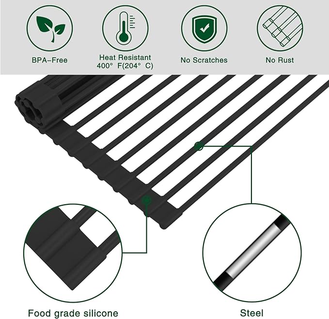 HANZENMA Roll Up Dish Drying Rack Over The Sink Kitchen Roll Up Sink Drying Rack Multipurpose Foldable Sink Drying Mat, Heat-Resistant, Anti-Slip & Anti-Rust Dish Rack for Kitchen, 17" x 13", Black - Image 4