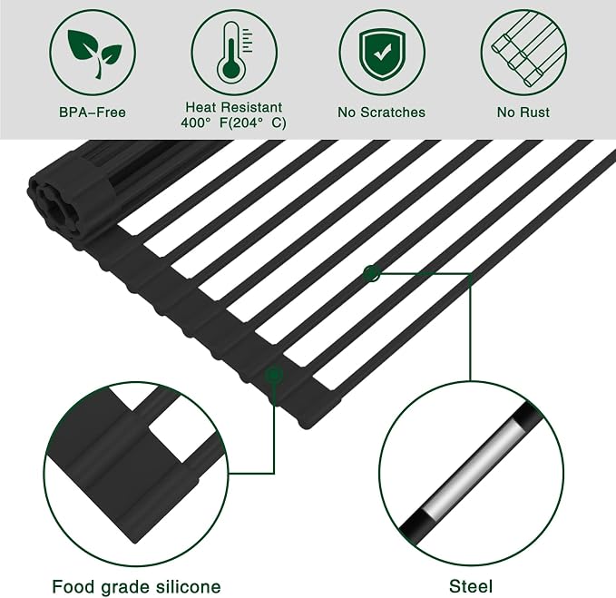 HANZENMA Roll Up Dish Drying Rack Over The Sink Kitchen Roll Up Sink Drying Rack Multipurpose Foldable Sink Drying Mat, Heat-Resistant, Anti-Slip & Anti-Rust Dish Rack for Kitchen, 20.5" x 13", Black - Image 5