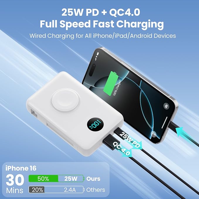 Magnetic Portable Charger 10800mAh with Built-in Cables,Wireless Power Bank for Magsafe,25W PD Fast Charging USB-C Travel Essentials Battery Pack for iPhone 17/16/15/14/13/12 Series,Apple Watch-White - Image 4