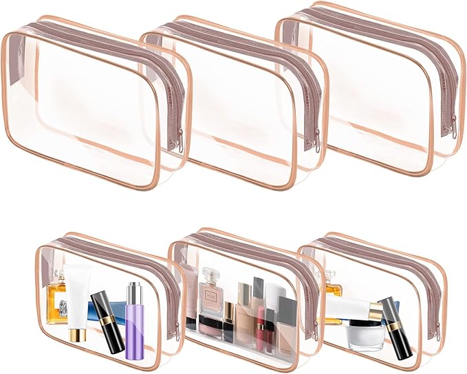 AURUZA 6 Pack Travel Toiletry Bag, Clear Makeup Bag, TSA Approved Cosmetic Bag with Zipper, Clear Organizer Carry on Bag for Women, PVC Cosmetic Pouch (Rose Pink, 6 Packs) by AURUZA