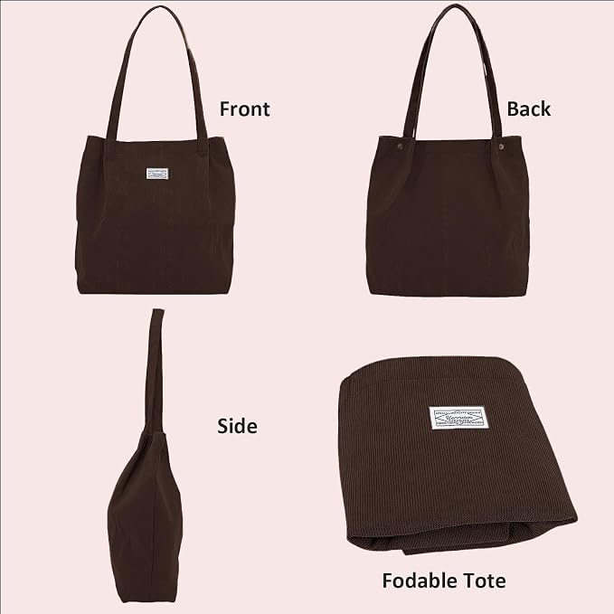 UERRUAM Corduroy Tote Bag for Women with Inner Pockets, Cute Go-to Bag | Slouchy Shoulder Bag for Everyday, Work, Books, Beach & Grocery Shopping, Lightweight Washable Foldable, Cloth Purse - Image 3